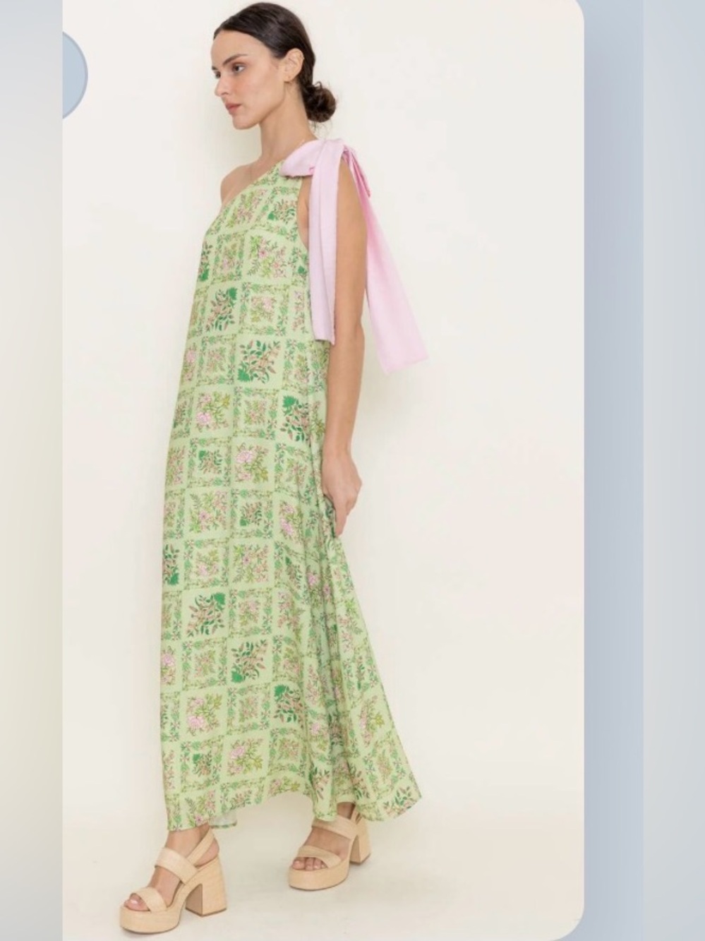 NWT Fore Summer Style Italy Wedding One-Shoulder Green Floral Maxi Dress Bow S